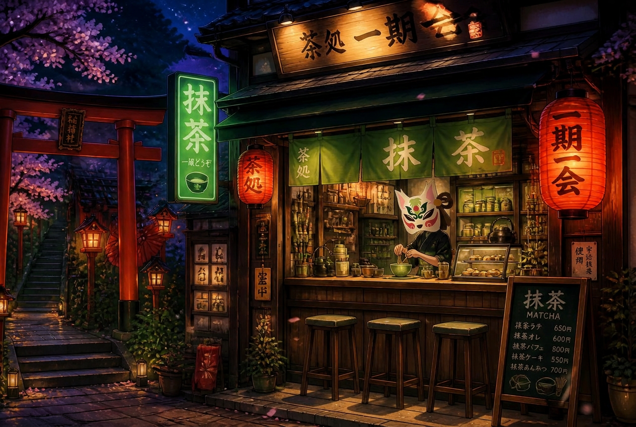 Anime-style MATCHLLO tea master wearing the kitsune mask inside a neon matcha storefront at night